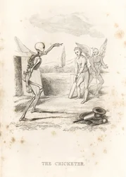 The Skeleton of Death Bowls a Ball at a Cricketer at Bat (engraving)
