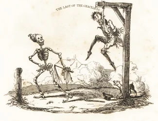 Vignette of a Skeleton and a Man Hanging from a Gibbet