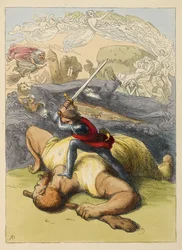 Jack standing on the body of a giant, with his sword raised