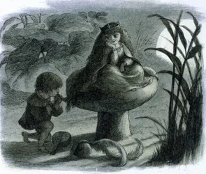 A water fairy sitting on a mushroom is courted by a lover. In 