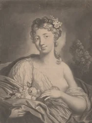 Spring: a young woman holding flowers in her cloak