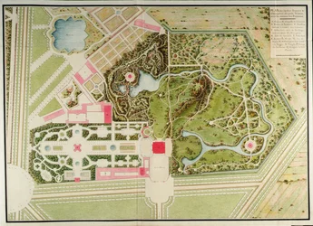 Plan of the French and picturesque gardens of the Petit Trianon with the building masses, from Recueil des plans du Petit Trianon by Richard Mique