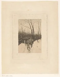 Horses Dragging a Log Over a Snowy Forest Path