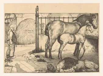 Two Horses by a Hayrack in a Stable