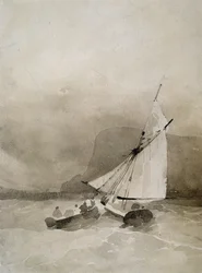 A Sailing-vessel and a Rowing-boat in rough seas off Beachy Head, Sussex