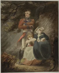 Officer Seeking Shelter with his Wife and Children from a Storm (recto); Sketch of Castle on Hill (verso)