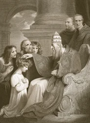 Prince Alfred before Pope Leo the III, engraved by J. Stow, illustration from David Hume