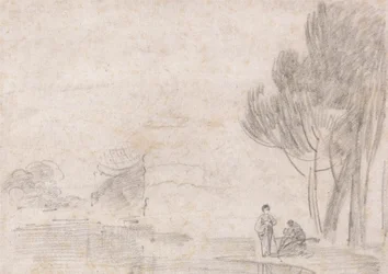 Ruined Temple of Minerva?, Two Figures on River Bank