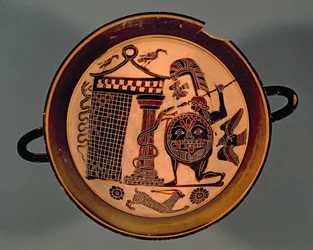 Laconian black-figure cup depicting a warrior attacking a snake
