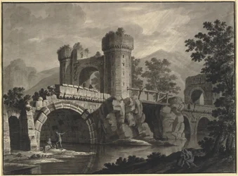 Architectural Fantasy of a Ruined Bridge in a Landscape