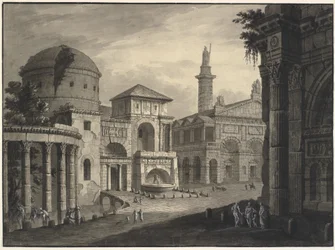 Architectural Fantasy of an Ancient City with a Square and Many Buildings, Some Partially in Ruins
