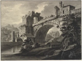 Architectural Fantasy with an Antique Bridge over a River, and a Watermill in the Foreground