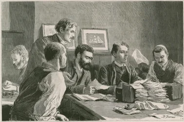The Great Strike of Dock Labourers at the East End: The Finance Committee Issuing Relief Tickets at the Wade Arms, Jeremiah Street, Poplar, the Strikers