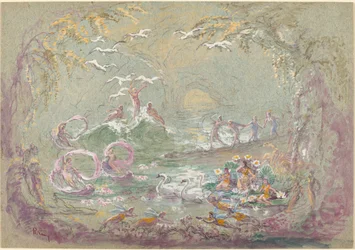 Lake Scene with Fairies and Swans