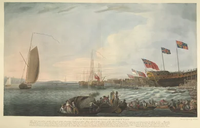 A View of Blackwall, with Part of the Dockyard, at the Launching of the Bombay Castle