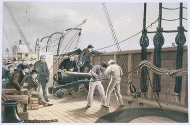 Splicing the cable after the first accident on board the Great Eastern, July 25th