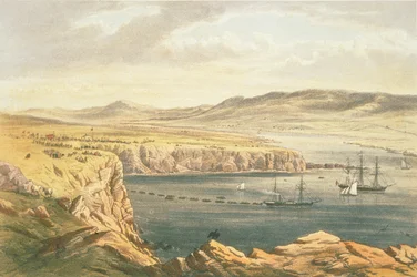 View of Port Magee, Valentia, from the Heights of Cora Beg, HMS Caroline Laying the Shore End of the Cable, July 22nd