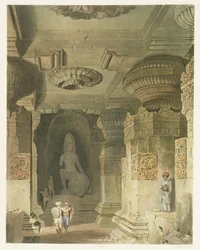 Interior of the Cave Temple of Indra Subba at Ellora, from Volume II of Scenery, Costumes and Architecture of India, Drawn by David Roberts, Etched by Thomas Kearnan and Engraved