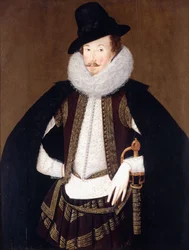 Portrait of Sir Charles Cornwallis, in a Fur Trimmed Black Cloak, White Doublet and Brown, Gold Embroidered Waistcoat