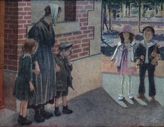 Charity: A Mother and Her Two Children Ask for Alms from a Young Boy and a Young Girl on the Street Who Will Give Them Their Savings and Toys. Illustration by Robert Salles (1871-1929) in 