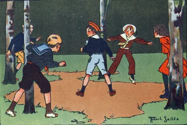 Four corners. Engraving in "What are we playing?" by E. Weber with watercolour drawings by Robert Salles. Librairie Garnier Freres, Paris