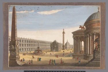 View of an Obelisk, a Triumphal Arch, a Column, and Other Buildings in Rome