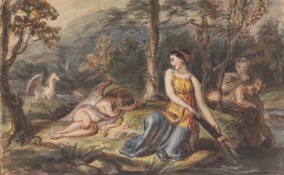 Diana, Goddess of the Hunt, with Satyrs, Sleeping Cupid and a Pegasus in a Wooded Landscape
