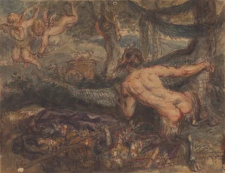 Pan, Spying from Behind a Tree, at Putti, Shooting Arrows