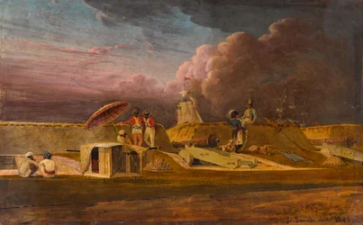 The Jumna Canal near Meerut with soldiers and fortifications