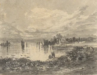 View of Lake and Mountains with Figures