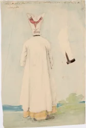 Woman in National Costume Standing with Her Back Turned