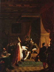 Mikael Agricola Presents Finnish New Testament to Gustav Vasa