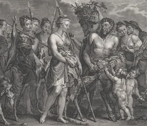 Diana Returning from the Chase, Accompanied by Dogs and Her Nymphs at Left, Two Satyrs