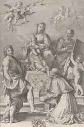 Madonna and Child at center with Saint John the Baptist, Saint Luke, Pope Peter Celestini, 1694