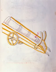 Art of war: study on military machinery. Canon poses on his watch, illustration from 