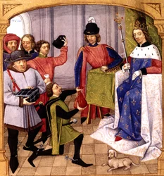 French king Philip V (1293-1322) receiving tax, illumination by Robinet Testard from "Grandes chroniques de France", 1471