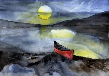 Red Canoe Under Moonlight