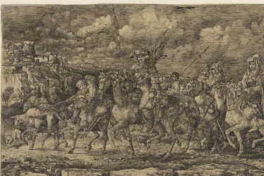 Hun King with His Wives Surrounded by Servants and Cattle, Riding Through a Landscape