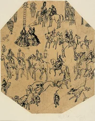 Sheet of Sketches: Hounds, Riders, Ladies. Architectural Elements, Insects