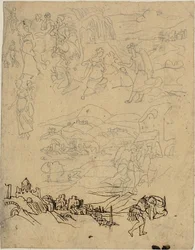 Sketches of Biblical Scenes, Town by Lake, Mountain Village, Warrior
