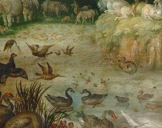 The Pond. Animals Drinking, Ducks Swimming, a Unicorn in the Background