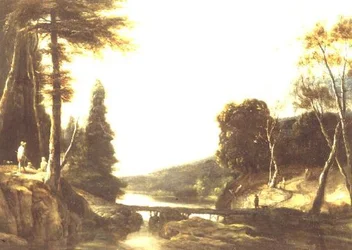 A Rocky Wooded River Landscape with Peasants on a Path and Herdsmen by a Footbridge