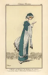 Woman reading a letter wearing a dress and toque hat of sea-green silk velvet edged with ermine. Ermine shawl and muff, Handcoloured pochoir etching after an illustration by Roger Broders from Tommaso Antongini’s Journal des Dames et des Modes