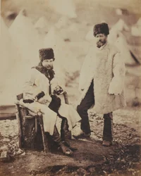 Captain Brown 4th Regiment of Light Dragoons and Servant in Winter Dress, from an album of 52 photographs associated with the Crimean War, 1855
