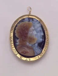 Cameo, Bearing Images of Serapis and Isis, in 16th Century Gold Frame Bearing the Names of Marcus Antoninius and His Wife Faustina
