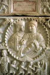 Christian Art 313 AD: Adelphia and Valerio. Sarcophagus of Adelphia preserved at the Museum of Syracuse in Sicily.