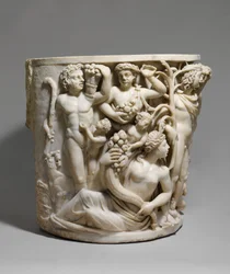 Detail of marble sarcophagus with the Triumph of Dionysos and the Seasons