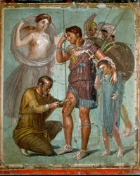 Aeneas wounded with his son Iulus, treated by the Greek doctor Iapyx. Roman fresco from the 1st century AD. from Pompei. Naples, National Archaeological Museum