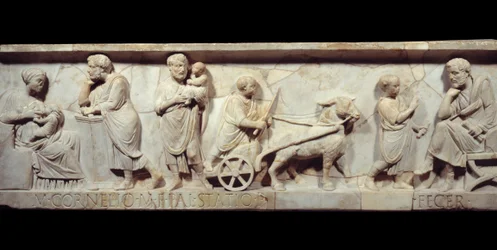 Fragment of the sarcophagus of Marcus Cornelius Statius, around 150 AD - Ancient Rome: Front of a Roman sarcophagus. Scene from the life of a child, from birth to learning. Paris, Musée du Louvre