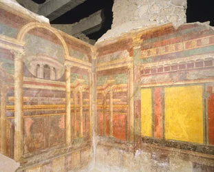 Frescoes in Second Pompeian Style depicting faux architecture, from one room of Villa of Mysteries, Pompeii, Campania, Roman Civilization